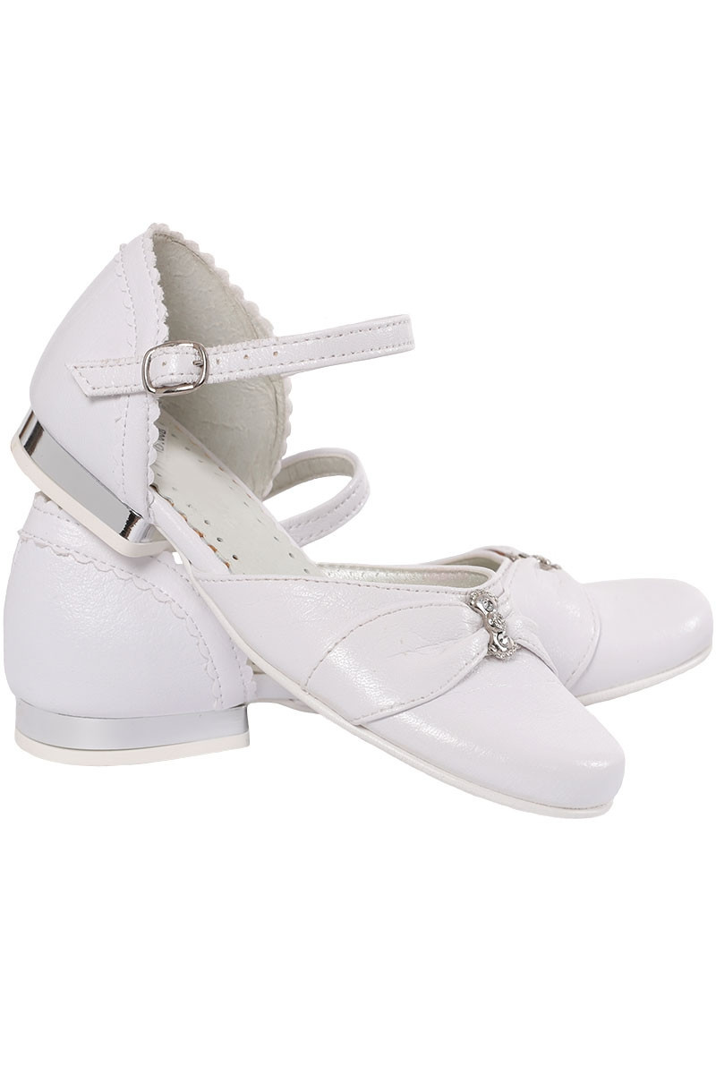 Białe obuwie komunijne dla dziewczynek na srebrnym obcasie OM673