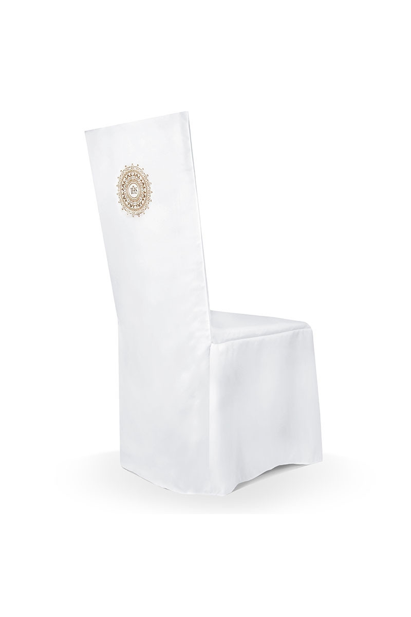 Biały pokrowiec na krzesło ze złotym nadrukiem IHS PKKCK2