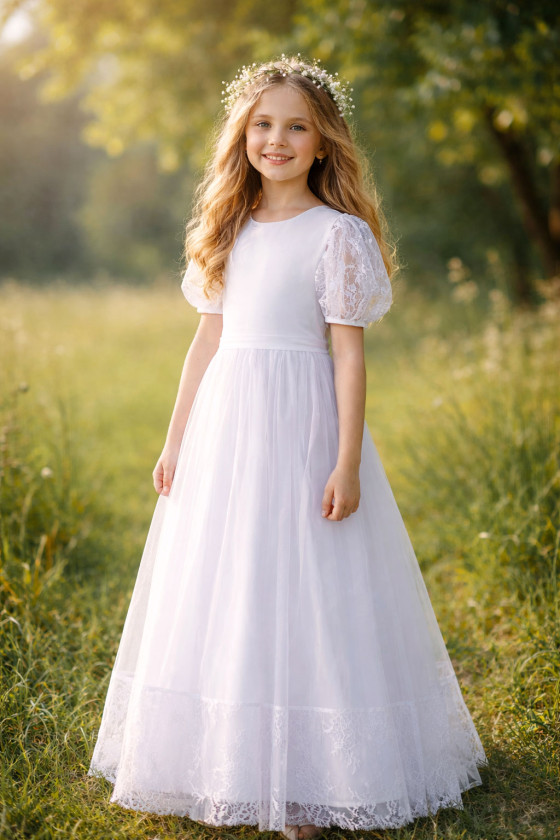 Sukienka komunijna bufka z koronką SK-LU18 128-164