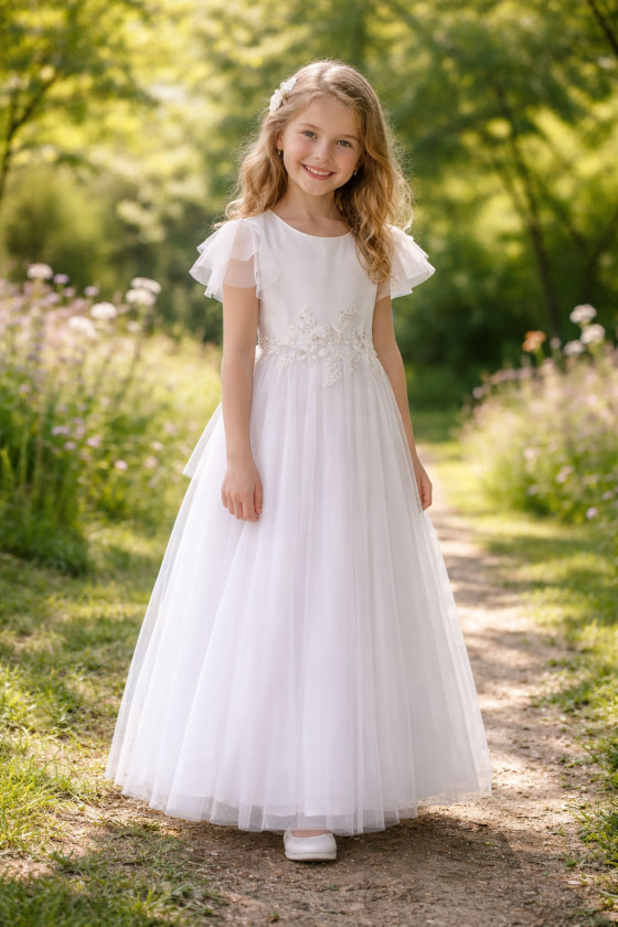 Sukienka komunijna długa tiulowy rękawek SK-LU16