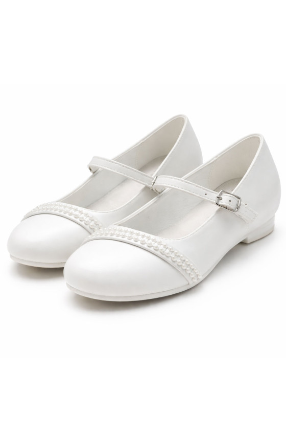 Białe buty komunijne dla dziewczynki z perełkami American Club KOM46