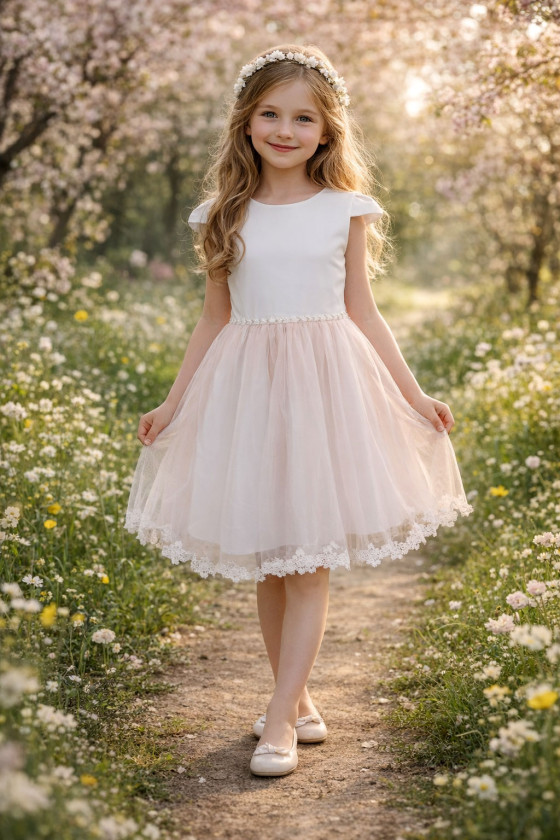 Sukienka wizytowa dla dziewczynki biała z dodatkiem różu SW-LU04